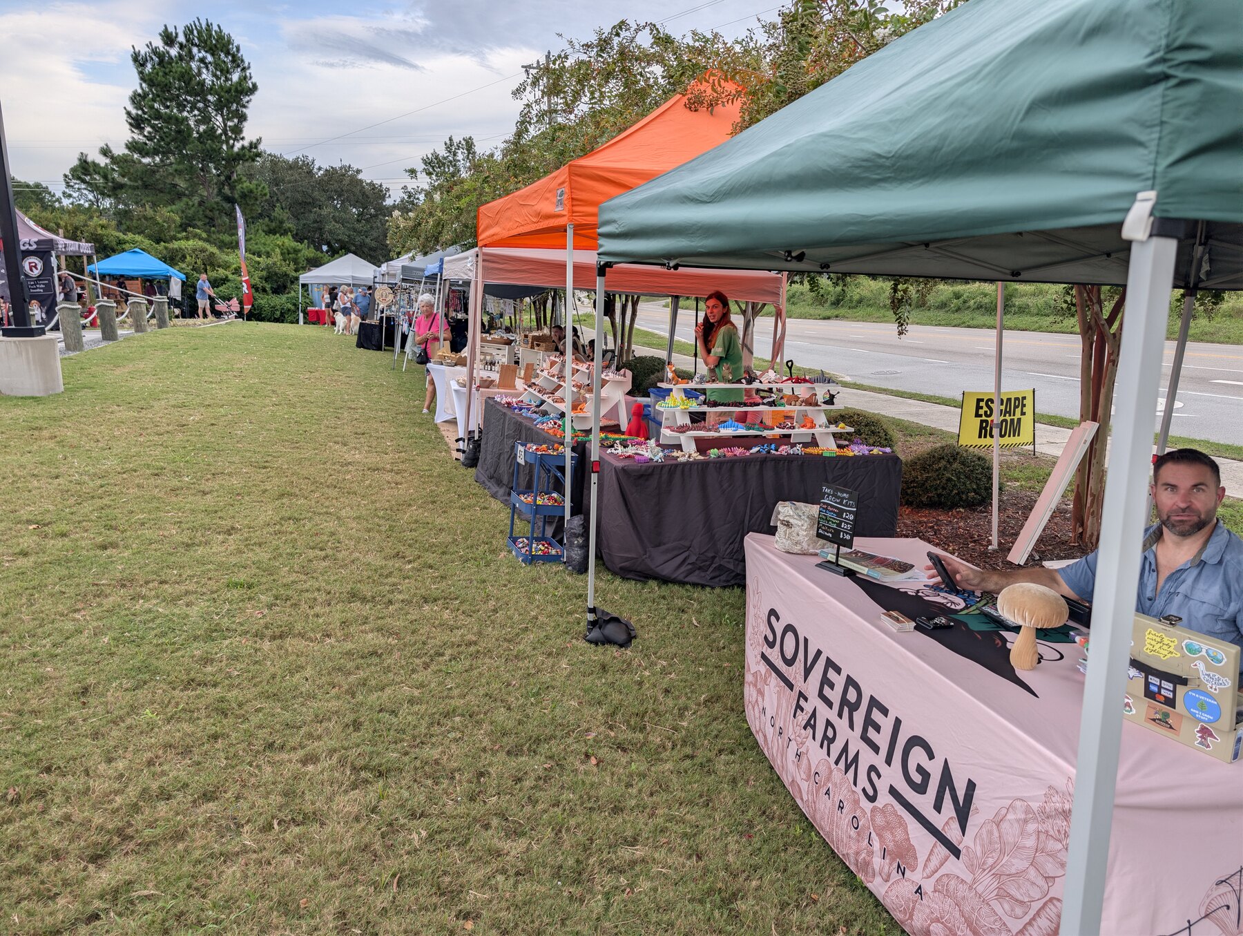 A row of local vendors and visitors at the market