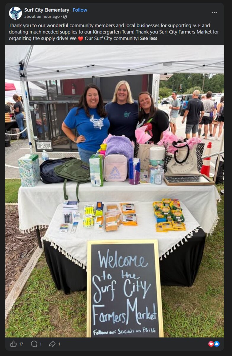 Surf City Elementary Facebook post thanking the Surf City Farmers Market for organizing a kindergarten supply drive